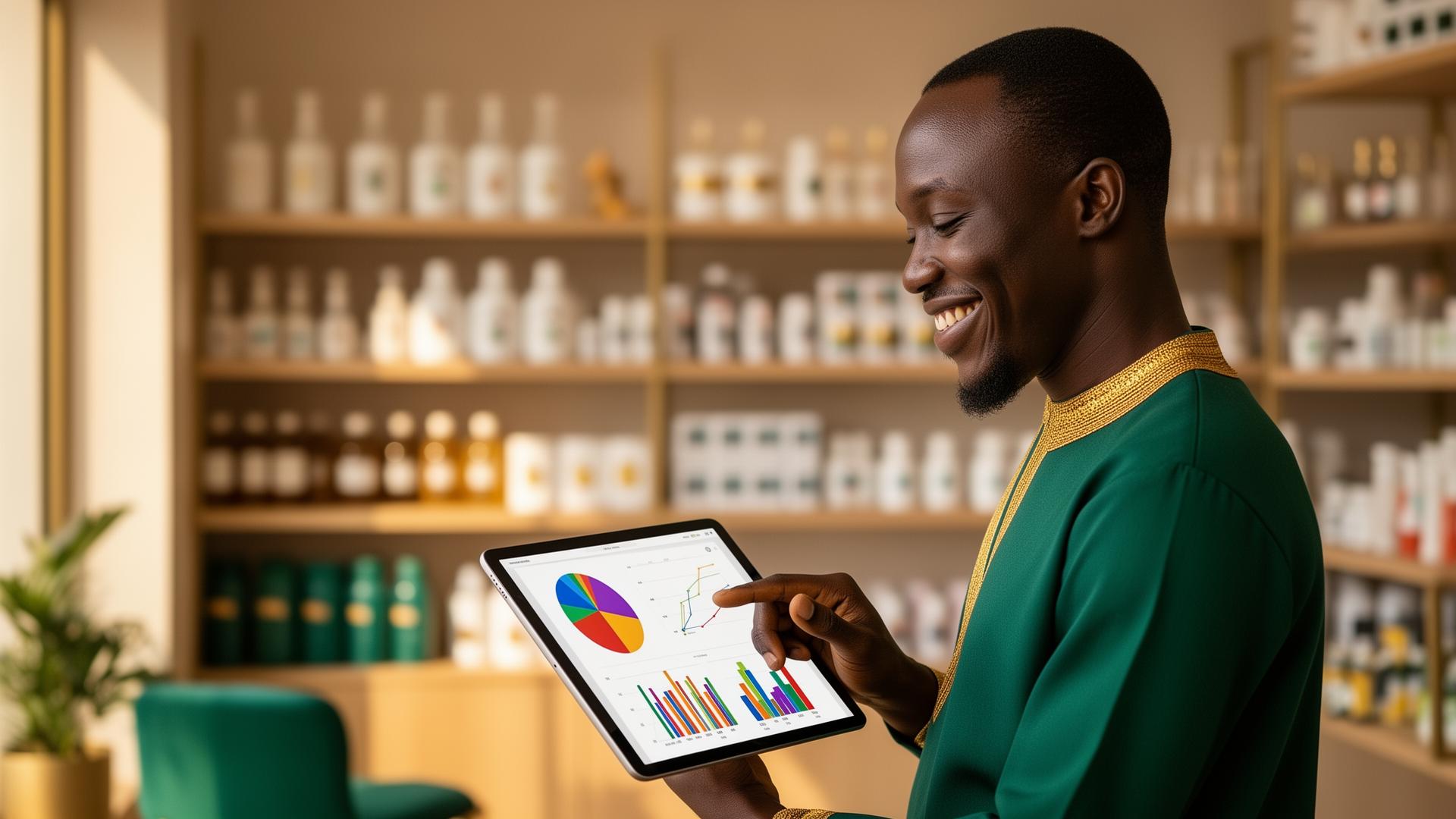 Shop owner using SmartProfit on a tablet to track sales and profit